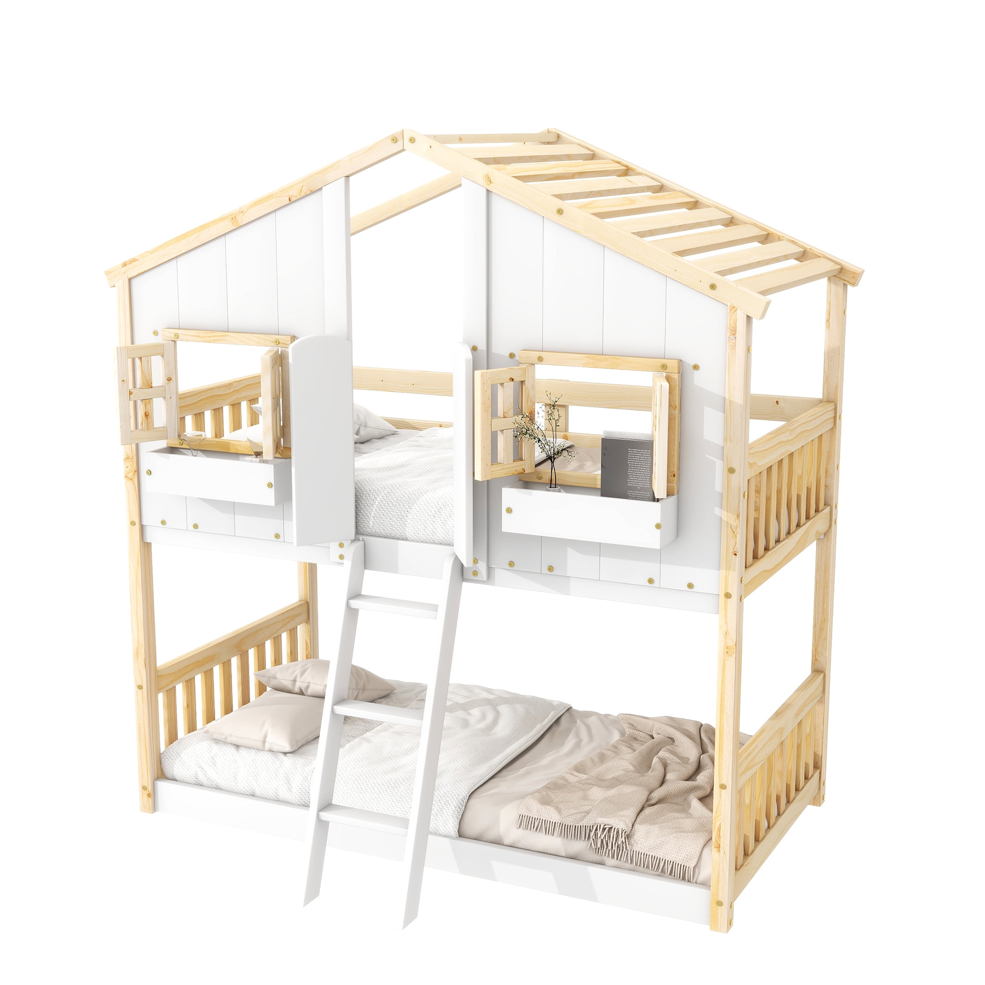 Leumius Twin over Twin Floor Bunk Bed with Ladder and Guardrails, House-Shaped-Bunk Bed with Window and Door for Boys Girls Natural+White