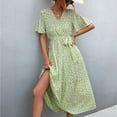 thumbnail image 3 of SWSMCLT Women's Vintage Fall Ruched Cotton Summer Dresses Long Sundress V Neck Short Sleeve Casual Dress Light Green Large, 3 of 4