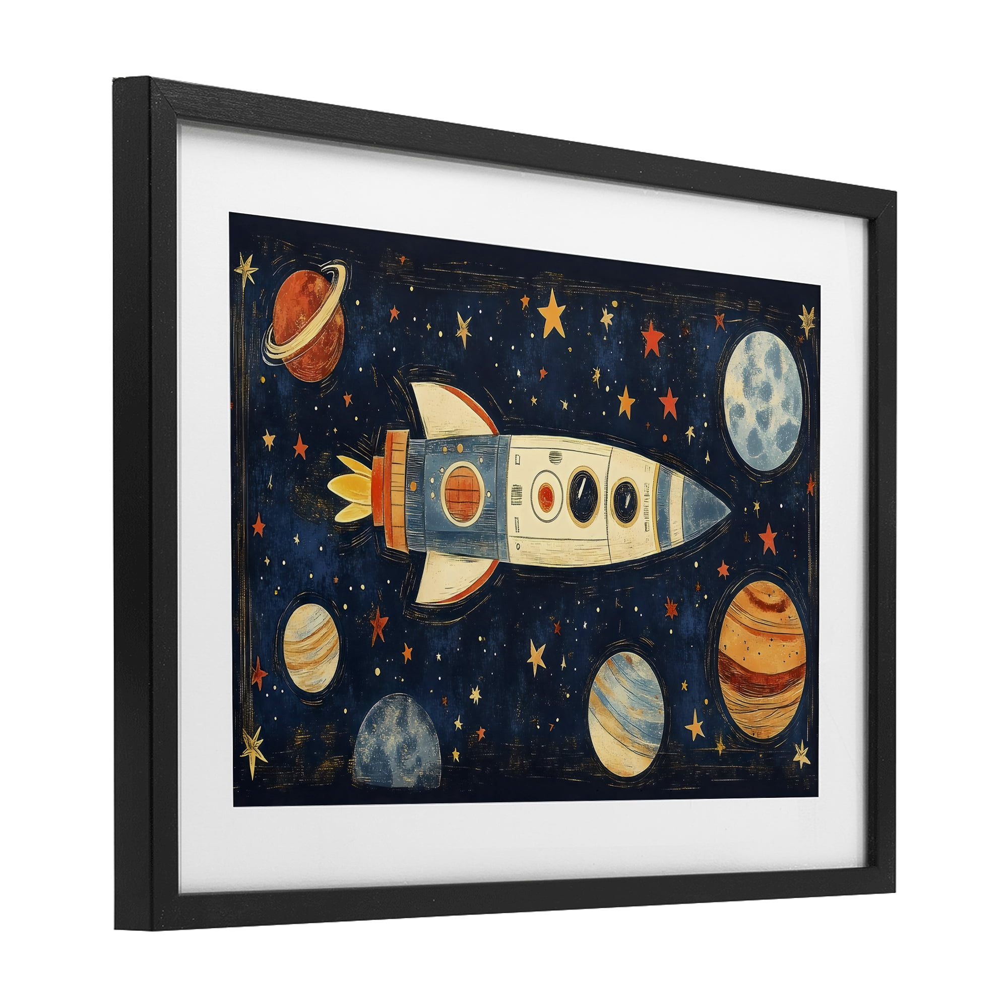 Stupell Industries Retro Rocket & Planets Black Framed Print Under Glass, design by Creative Studio