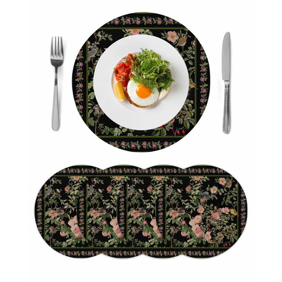 Black Spring Floral Round 15 Inch Placemats Set of 4, Elegant Pastoral Flowers Birds Retro Art HeatResistant Non Slip Place Mats for Dining Table, Wipeable Braided Kitchen Table Mats for Housewarming