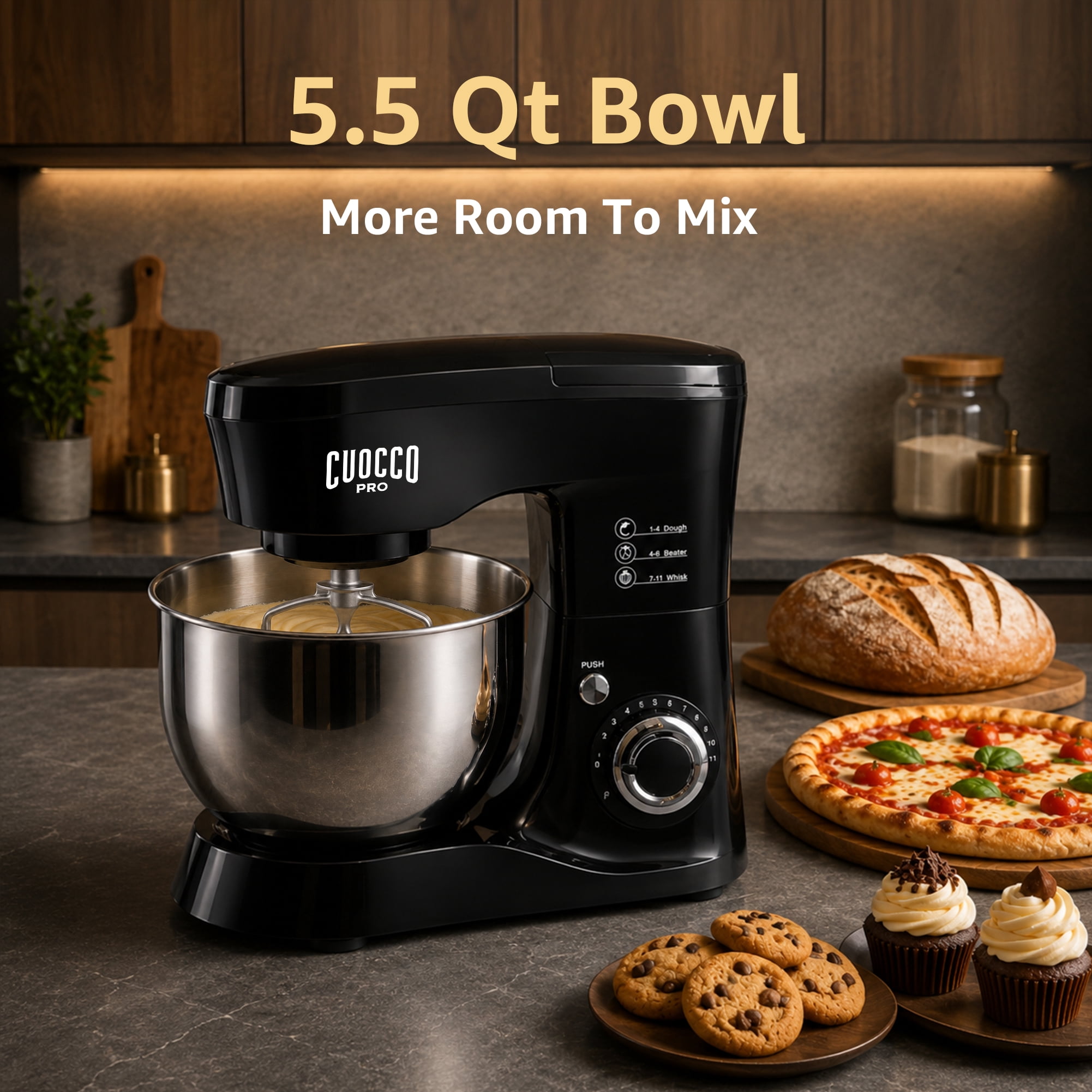 CUOCCO PRO 5.5 Qt Stand Mixer, Mixers for Kitchen, Handles Up to 800g/1.76 lb Dry Flour, 1000W Peak, 11 Speeds + Pulse, Dough Hook, Beater & Whisk for Bread & Pizza, Cake & Cookies