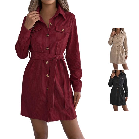 Jane Wardrobe Corduroy Button Front Shirt Dress for Women, Long Sleeve with Waist Tie, Casual Fall Winter Midi Dress, 1 Piece, S-XL