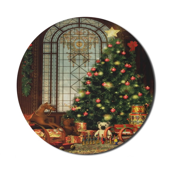 Christmas Mouse Pad for Computers, Vintage Ambiance Big Old Fashioned Window Xmas Tree Various Presents, Round Non-Slip Thick Rubber Modern Gaming Mousepad, 8" Round, Brown Red Green, by Ambesonne