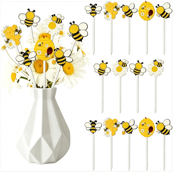 BESTSKY Summer Bee Wooden Picks-14Pcs Double-Sided Cute Honeybee Decorative Pick for Home Vase Filler,Wood Bumblebee Stems Nectar Floral Pick for Home Table Centerpiece Decor Spring Party