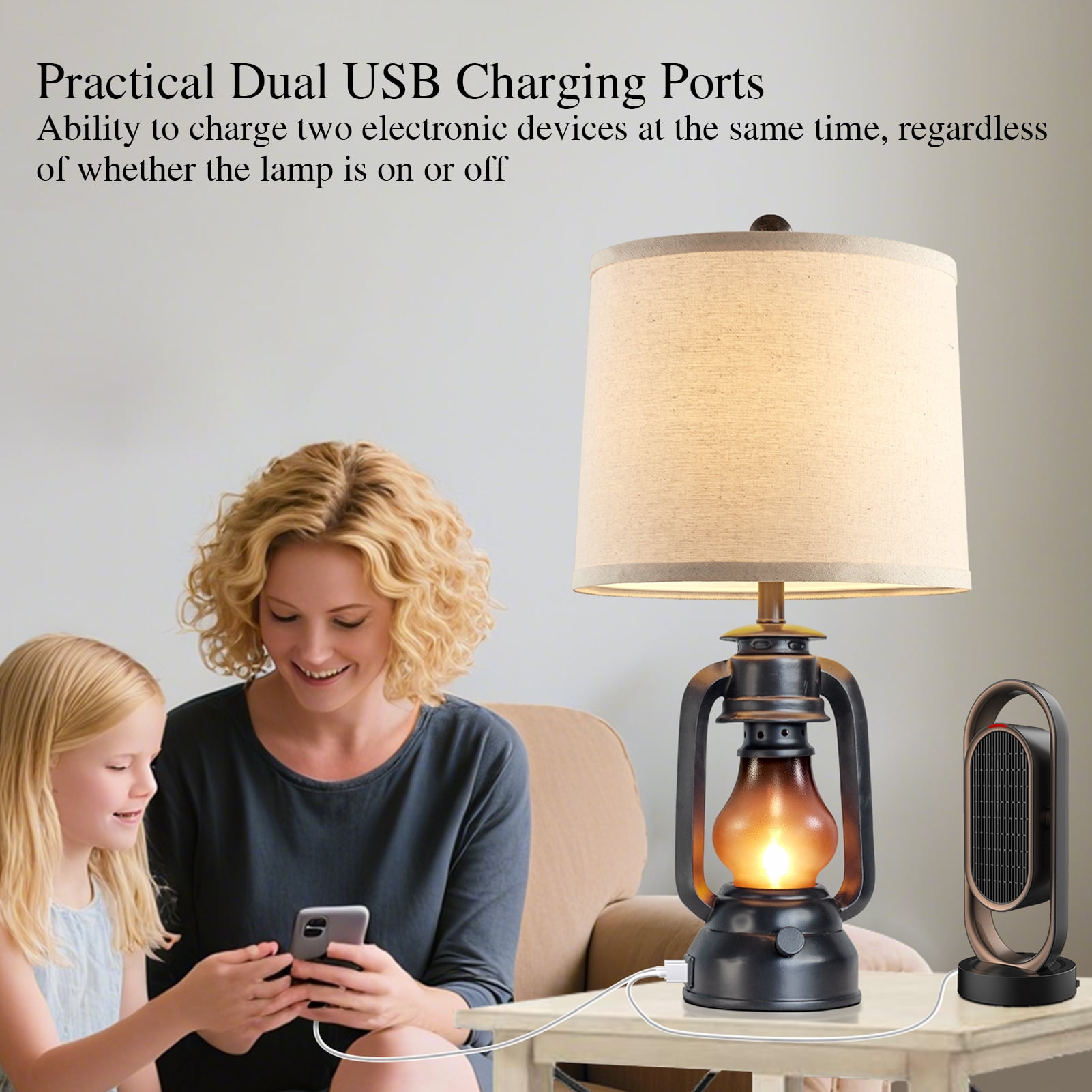 JUJUYUYOP 22" Farmhouse Lantern Table Lamp Set of Two with Dual USB Charging Ports, Suitable for Living Room or Bedroom, Includes 4 Bulbs