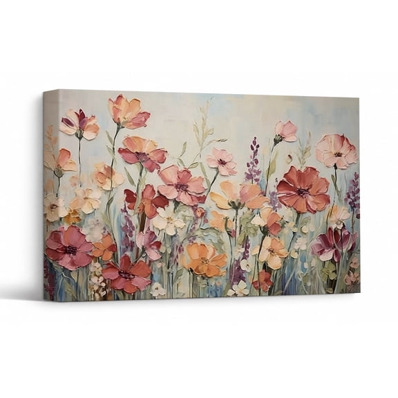 Abstract Floral Canvas Wall Art, Pink Wildflower Wall Decor, Textured Flower Theme Print Painting Pictures, Modern Home Artwork Decor for Living Room Bedroom 30"*20"
