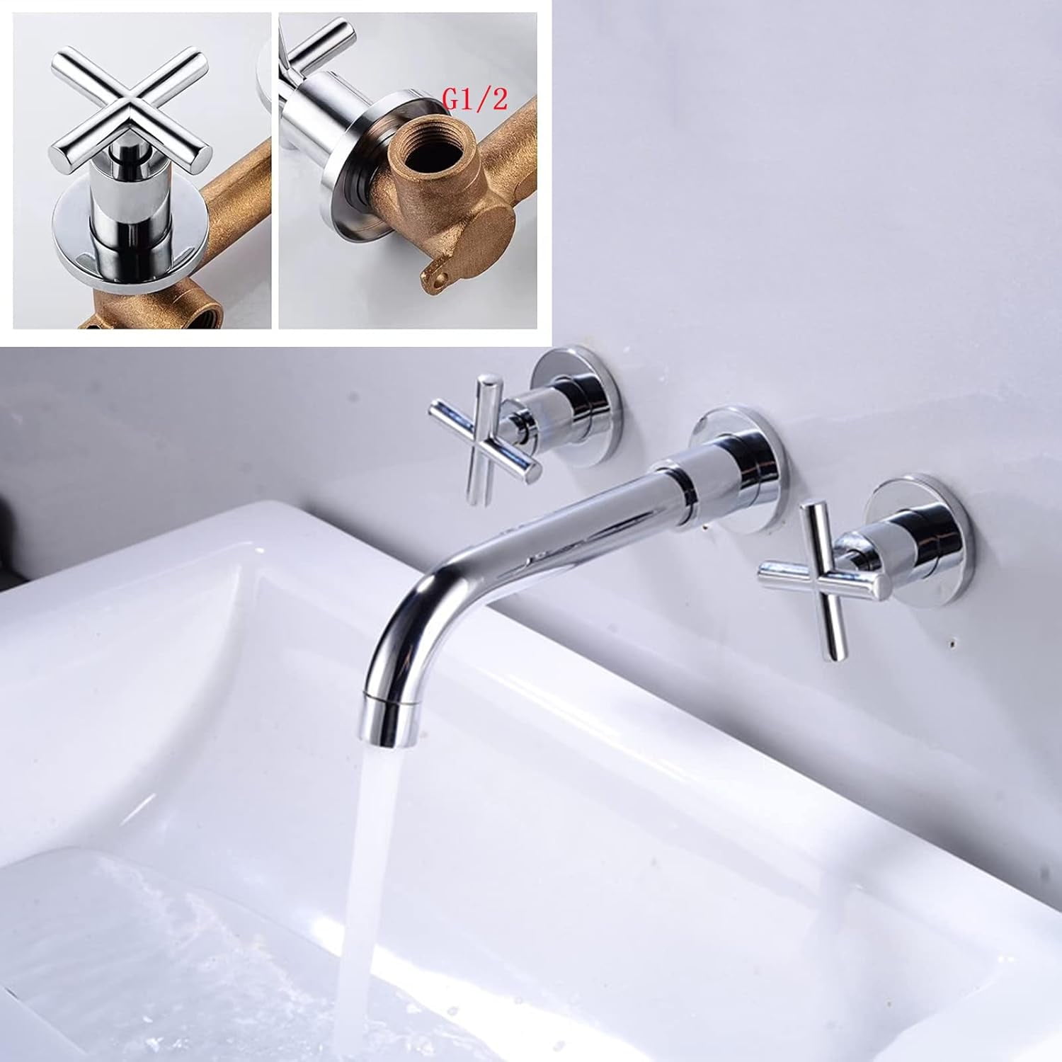 Wall Mounted Bathroom Faucet, Solid Brass Bathroom Faucets, 360 Swivel Spout Sink Faucet, Cross Handles, Wall-Mounted Bathroom Sink Faucet, Gold