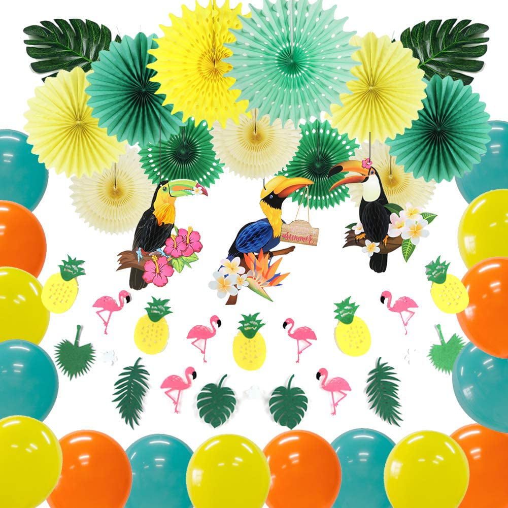 Chuangdi 50 Pieces Hawaii Party Balloon Latex Balloon Includes Flamingo Tropical Leaf Pineapple Polka Dot Balloons with 3 Rolls of Ribbons for Party Holiday Decorations