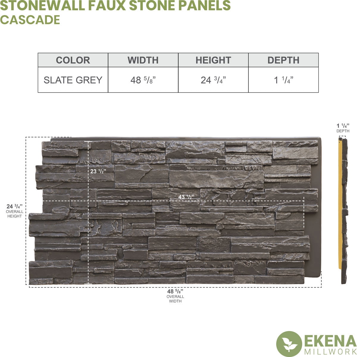 Ekena Millwork 48.625"W x 24.75"H x 1.25"D Cascade Stacked Stone, StoneWall Faux Stone Siding Panel, Slate Gray