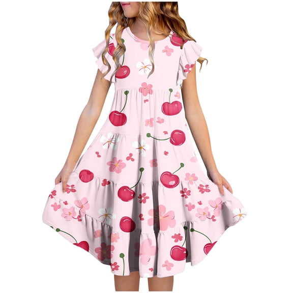 Girls Summer Floral Dresses Ruffle Sleeve Cute Tiered Dress Casual Aline Going Out Dress ( Red, 8-9 Years )