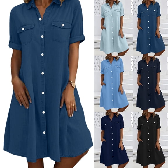 Smsaxvxz Summer Denim Dresses for Women 2026 Casual Short Sleeve Button Down Shirt Dresses with Pockets Loose Fit Sundress Blue L