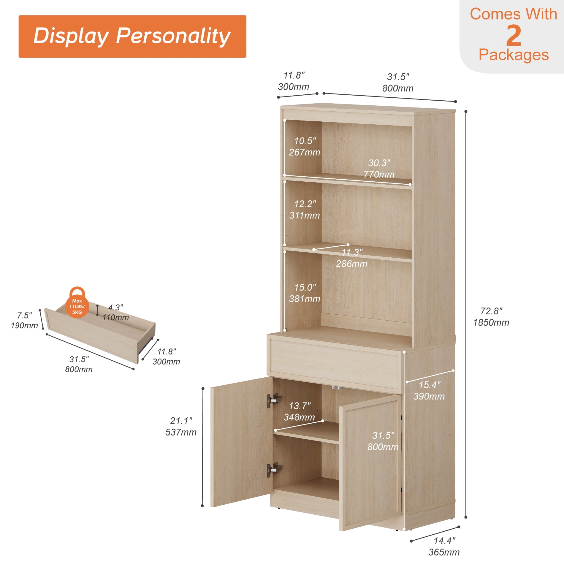 Modern Wood Sideboard Buffet with Doors, Drawers & Adjustable Shelves, 72" Tall Storage Cabinet for Dining Kitchen,Beige