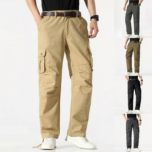 Momasggi Men's Fleece Lined Cargo Pants Relaxed Fit Straight Leg Pants Casual Winter Thermal Work Trousers with Multi-Pockets Big and Tall Pants Khaki 3XL