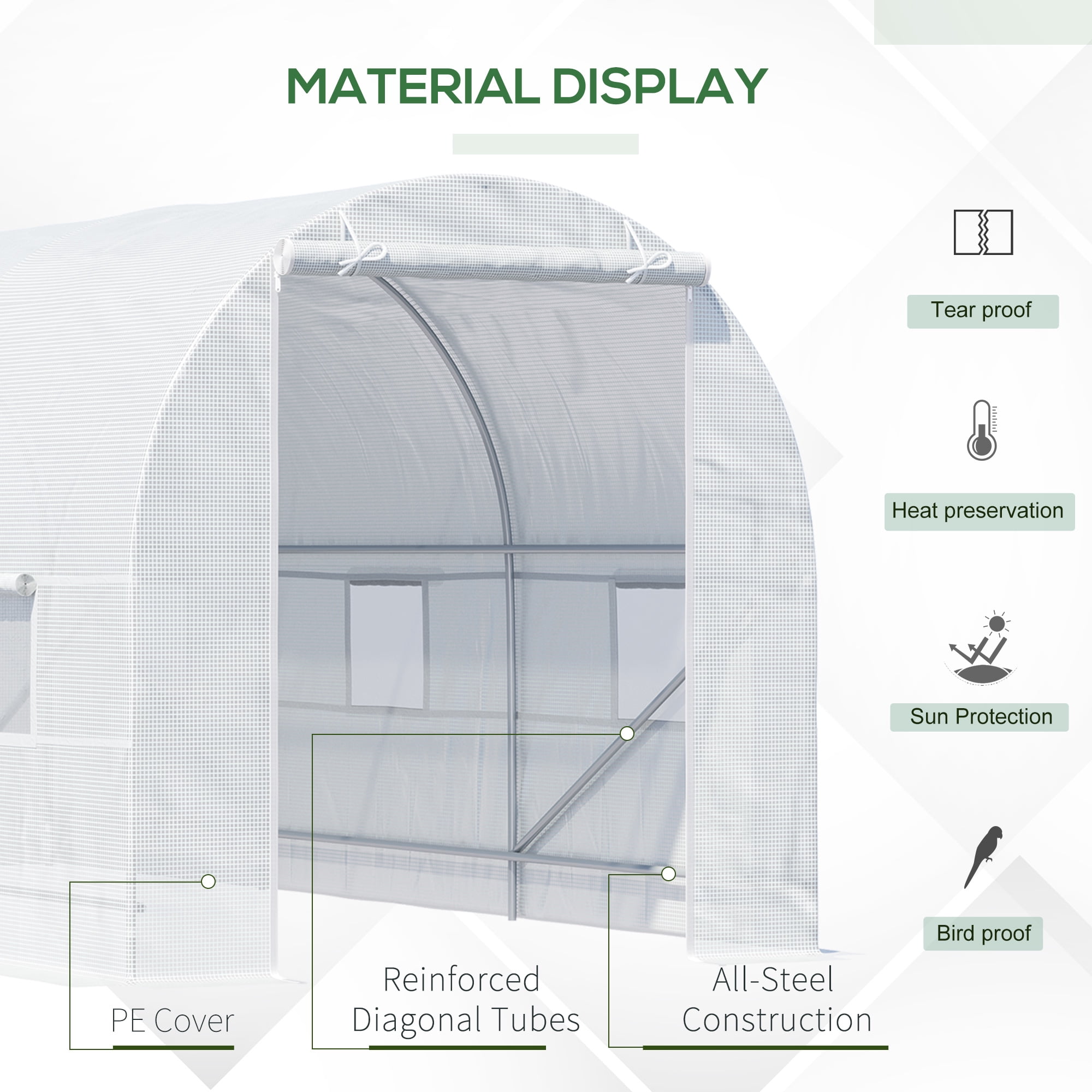 Outsunny Walk-in Tunnel Greenhouse, Roll Up Door, 15' x 7' x 7', White