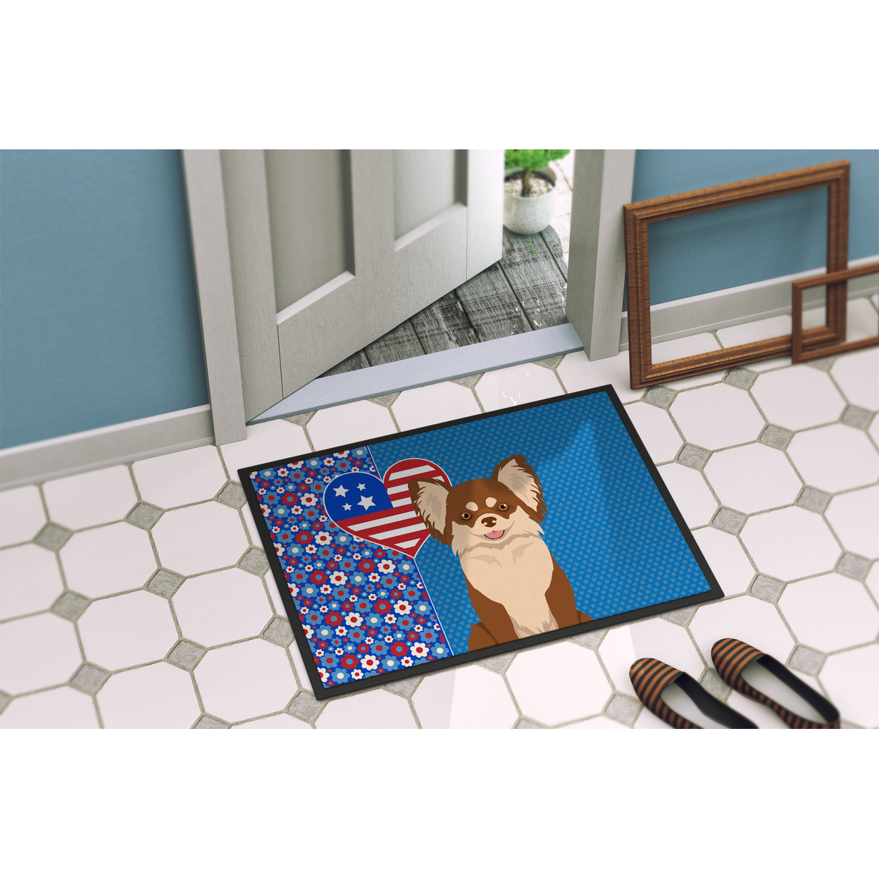 Longhaired Chocolate and White Chihuahua Indoor or Outdoor Mat 24x36 36 in x 24 in