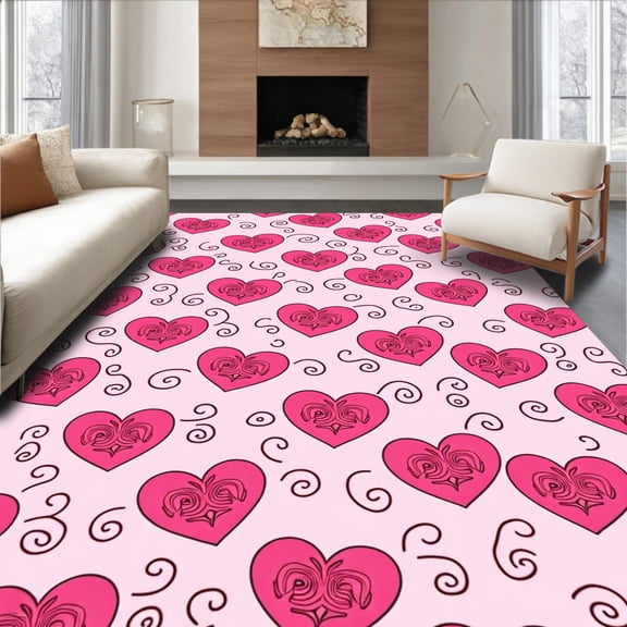 ODIKA 4'x6' Machine Washable Non-Slip Area Rug, Romantic Hearts Festival Tree Elegant Valentine Celebration Skirt High Traffic Rug, Pink, 741098