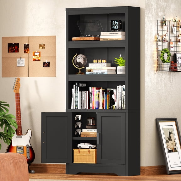 TEENFON Bookshelves and Bookcases with Lights, Floor Standing 5 Shelf Display Storage Shelves, Tall Bookcase with Doors for Home Office, Living Room, Black