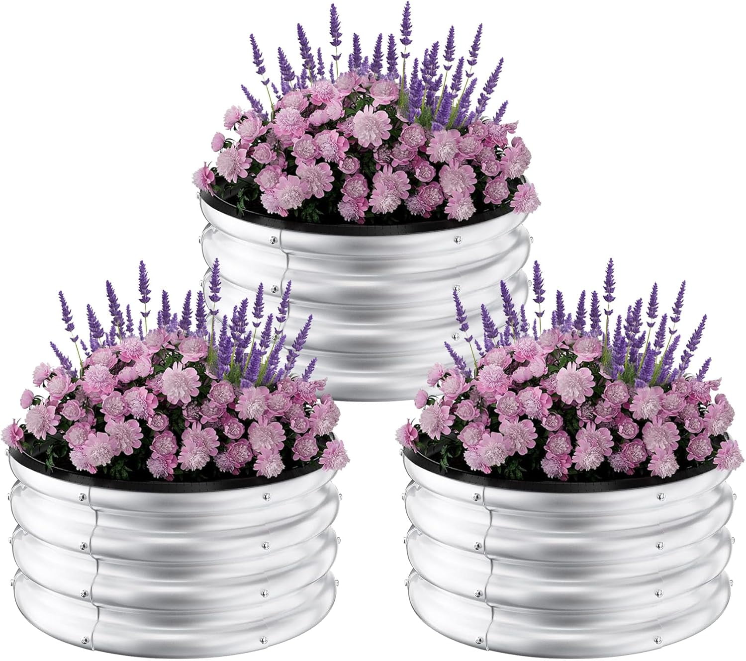 Garvee 3 Pack Round Metal Planters Galvanized Raised Garden Bed 23.62 x 23.62 x 11.02", Silver
