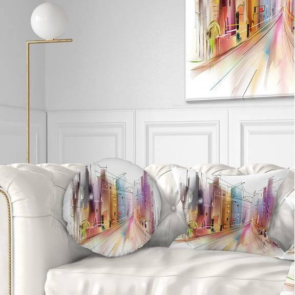 Designart Road in City Illustration Art - Cityscape Throw Pillow - 12x20