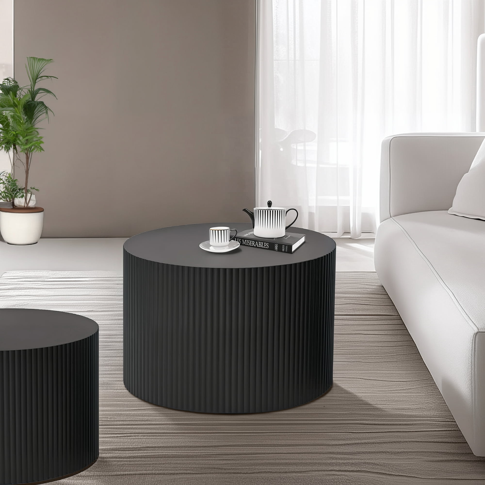 Nesting Coffee Table Set of 2, Modern Drum Side Table End Table, Wave Stripe Round Coffee Table for Living Room, Bedroom, No Assembly, Black