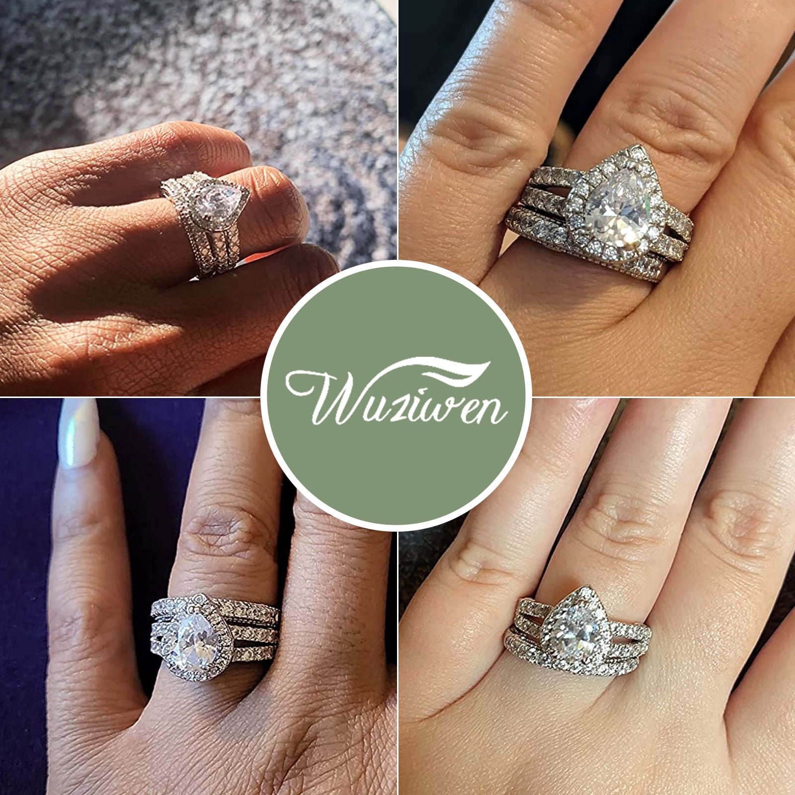 Wuziwen 4 Ct Wedding Engagement Ring Set for Women Pear Sterling Silver Ring Cubic Zirconia Size 9
