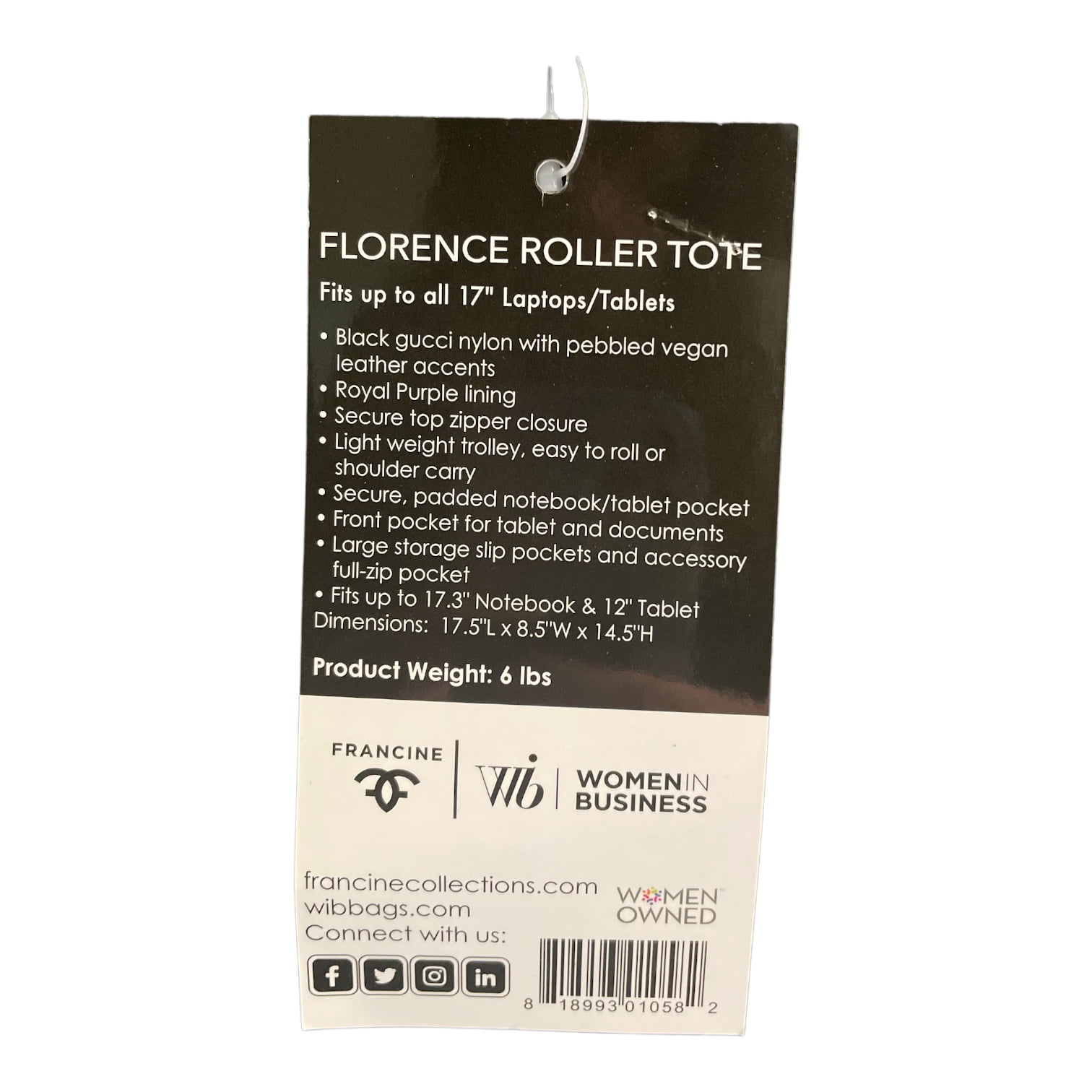Francine Collections 17.3" inch Women's Laptop Roller Tote Bag | Top Handle | Bag for Travel (Black)