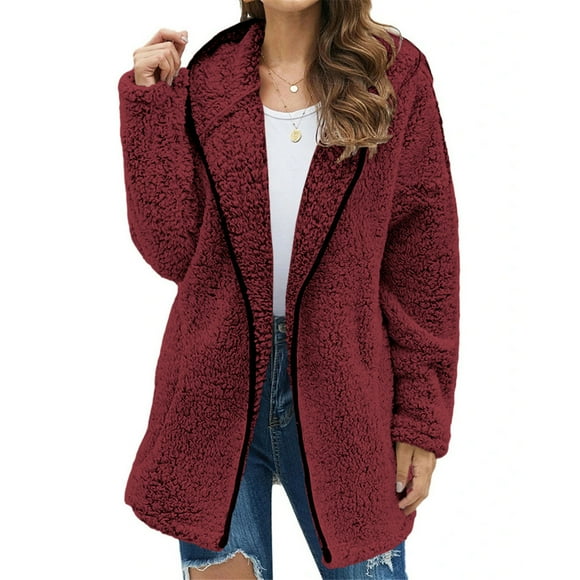 jsaierl Sherpa Jacket Women Open Front Hooded Fleece Jacket Outwear Solid Color Long Sleeve Fall Coat Hoodies