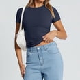 thumbnail image 4 of Gsakboxl Womens Tops Women Thin Soft Round Neck Cropped Short Sleeve Pullover Crop T Shirt Fashion Slim Fit Style Lightweight Summer Going Out Casual Top For Teen Ladies Navy S, 4 of 7