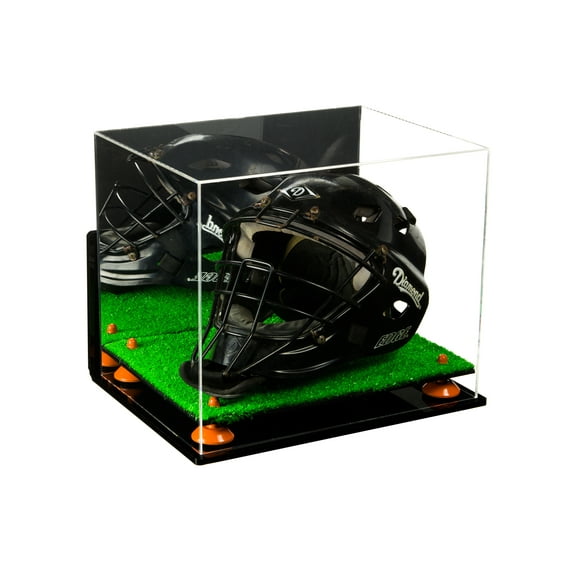 Deluxe Acrylic Catchers Helmet Display Case with Orange Risers, Mirror, Turf Base and Wall Mount (A002-OR)