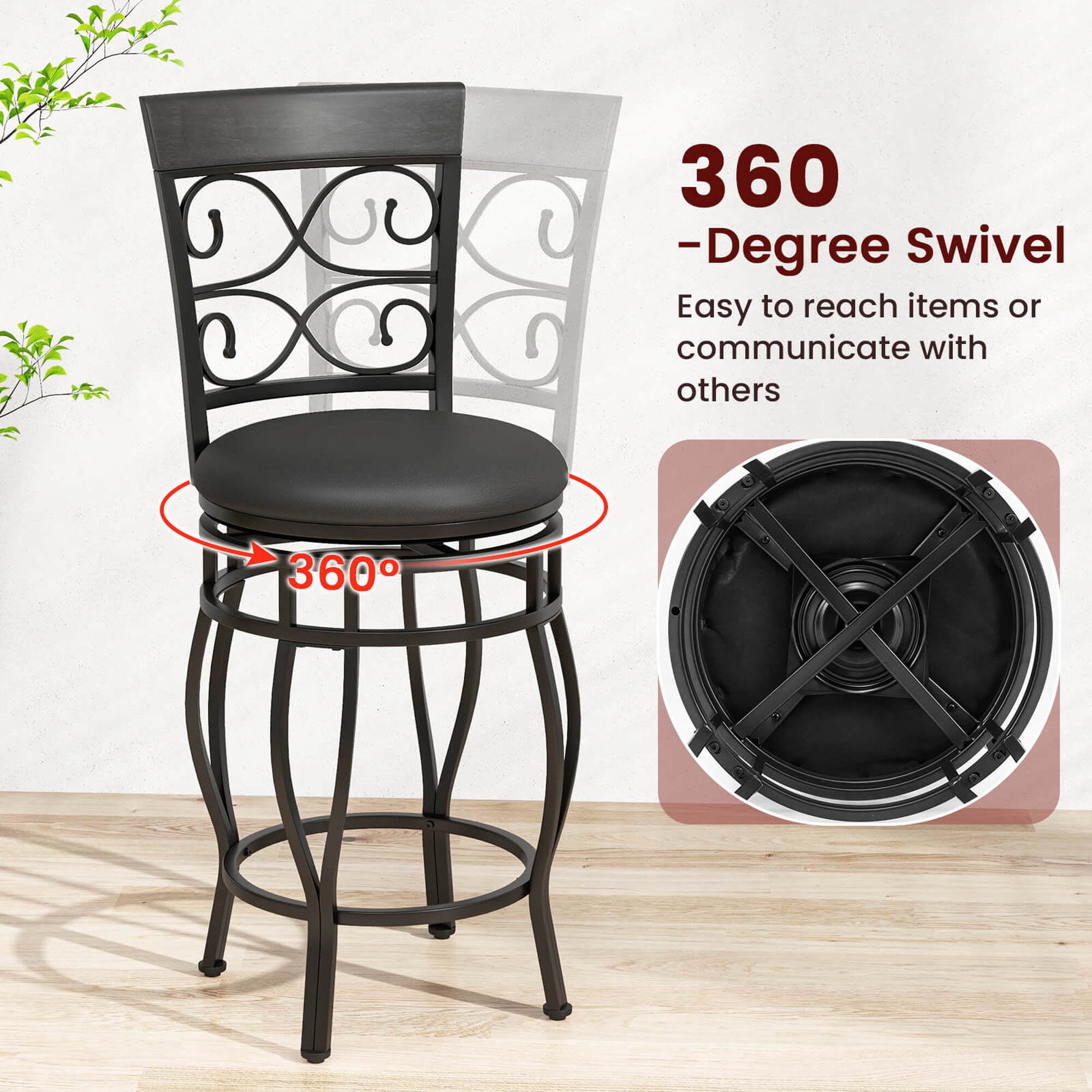 Costway Set of 2 Vintage Swivel Bar Stools 26" Bistro Upholstered Dining Chairs Black