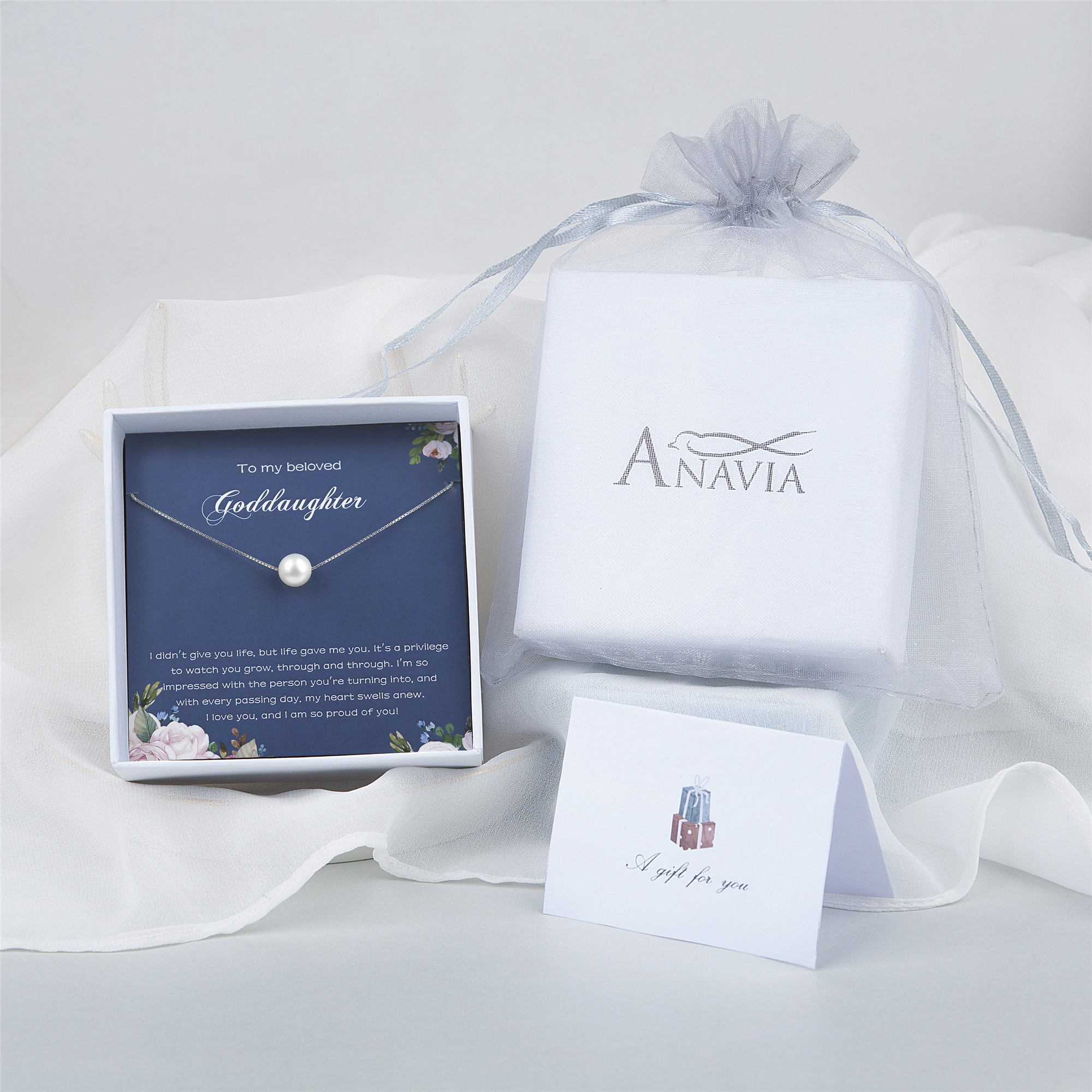 Anavia To My Beloved Goddaughter Gift Card, Goddaughter Birthday Gift from Godmother, Goddaughter Wedding Gift Pearl Necklace-[White Pearl + Silver Chain]