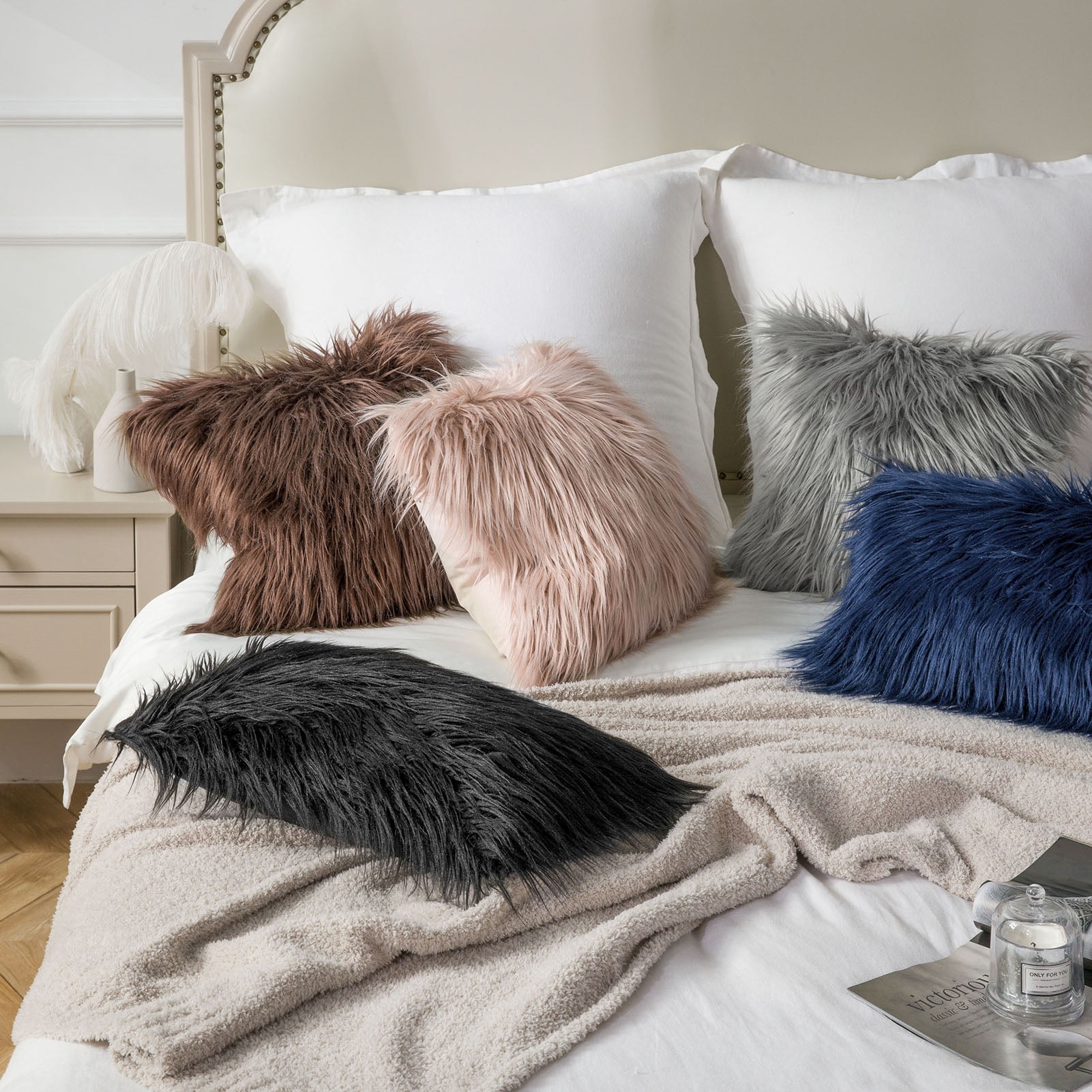 Phantoscope 18" x 18" Faux Fur Decorative Throw Pillow, Plush Cushion with Insert for Couch, Bed, Chair, Light Pink, 1 Pack