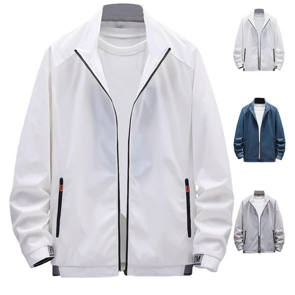 Admvng Jackets for Men Solid Color Outdoor Zipper Sunscreen Climb Sport Run Long Sleeved Relaxed Fit Outwear with Pocket M-4XL