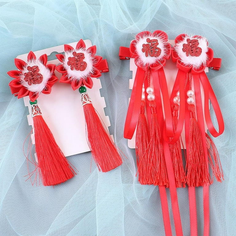 Chinese New Year Hair Clips for Kids-Red Hair Accessories-Chinese  Traditional Tassel Hairpin, Red Fringed Ribbon Flowers Hairpins Baby Girl  Hair Accessories for Children 