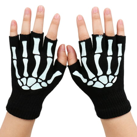 Simplicity Unisex Half Finger Skeleton Pattern Glow in the Dark Knit Gloves