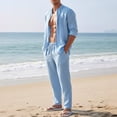 thumbnail image 2 of VBTAPA Mens Linen Sets 2 Piece Outfits Long Sleeve Beach Vacation Set Solid Color Button Down Shirts and Drawstring Long Pants Yoga Track Suit with Pockets Limited Time Sale Sky Blue L, 2 of 9