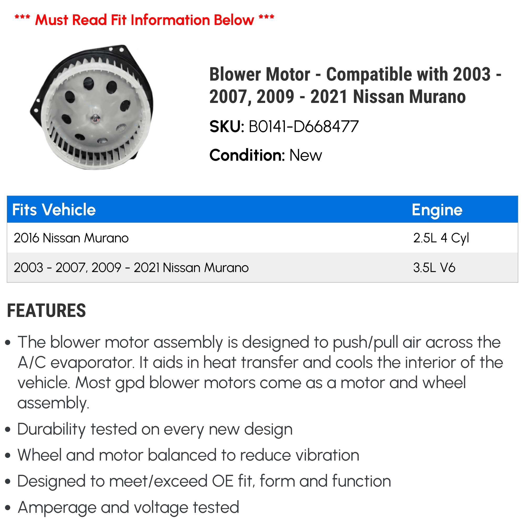 Blower Motor - Compatible with 2003 - 2007, 2009 - 2021 Nissan Murano 2004 2005 2006 2010 2011 2012 2013 2014 2015 2016 2017 2018 2019 2020