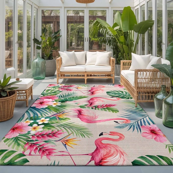 Tropical Flamingos Washable Area Rugs 3'x5', Summer Vintage Rustic Monstera Leaf Pink Flower Washable Throw Living Room Rug Non-Slip Sturdy Edge Binding Carpet for Indoor Entryway Bedside Kitchen