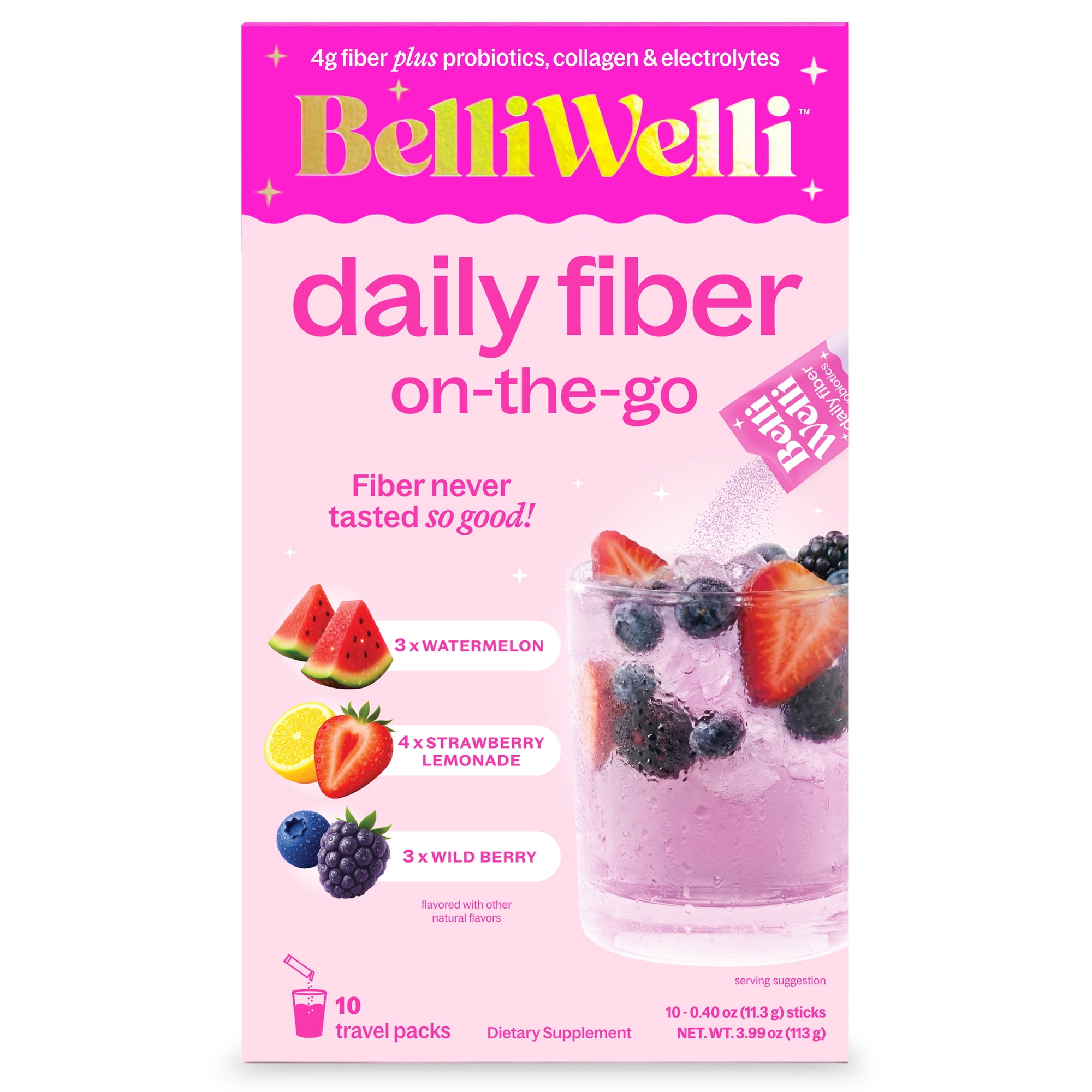 BelliWelli Daily Fiber Supplement with Probiotics, Electrolytes, and Collagen - Stickpack Variety 10 Count