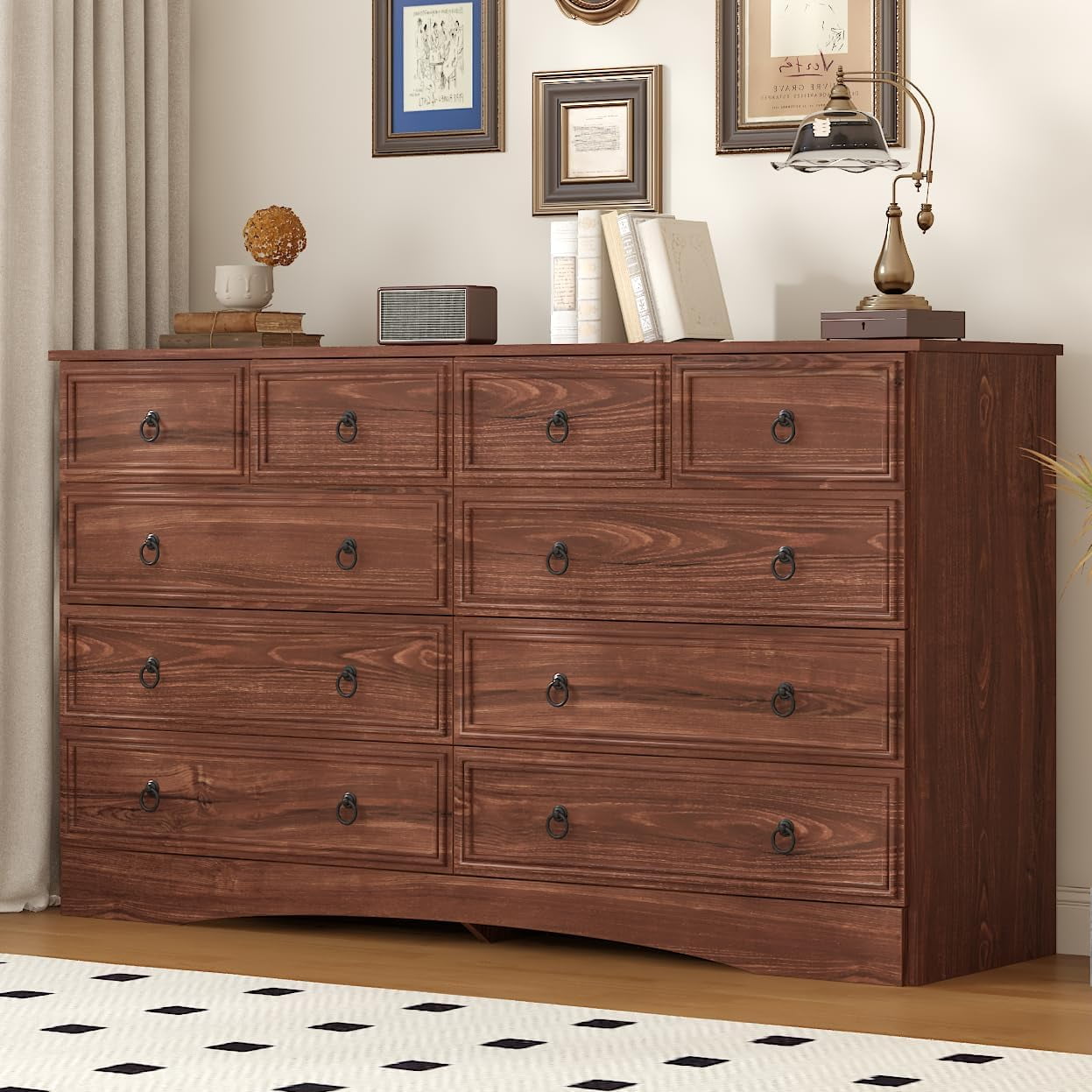 Meteorleg 10 Drawers Dresser for Bedroom, 55.2 Inch Wide Large Dressers & Chests of Drawers, TV Stand for 65 inch, Storage Organizer Furniture, Hallway, Entryway, Closet,Cherry