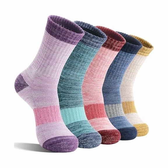 Fu997 Merino Wool Hiking Socks Thermal Warm Winter Cozy Cushioned Moisture Wicking Crew Socks for Women 5 Pairs