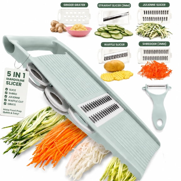 5 in 1 Mandoline Slicer for Kitchen, Multi Blade Vegetable Slicer Cutter with Julienne Shredder, Potato Slicer & Vegetable Grater, Handheld Food Slicer for Kitchen, Sage Green