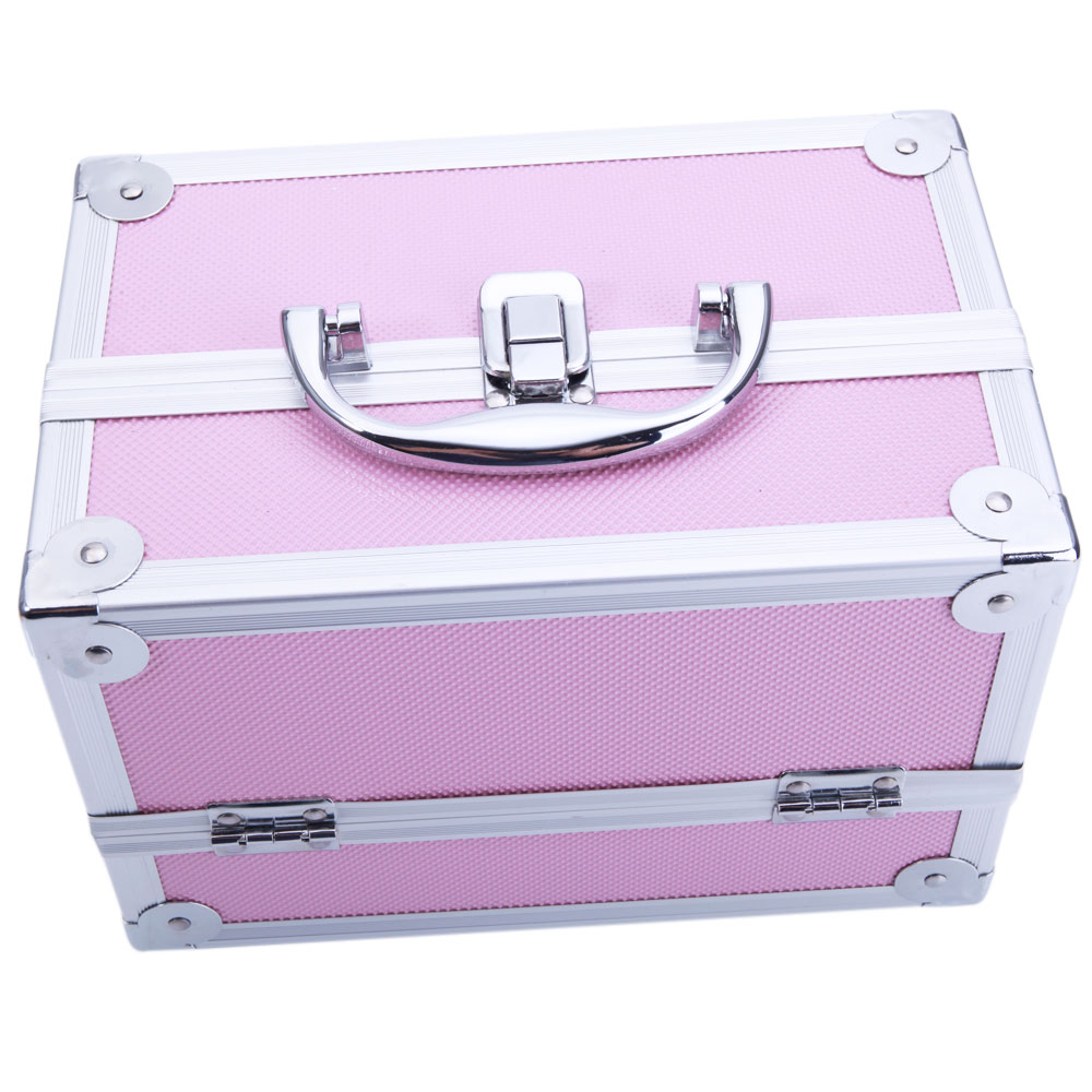 Zimtown Portable Aluminum Makeup Storage Case Train Case Bag with Mirror Lock Silver Jewelry Box Pink - image 4 of 9