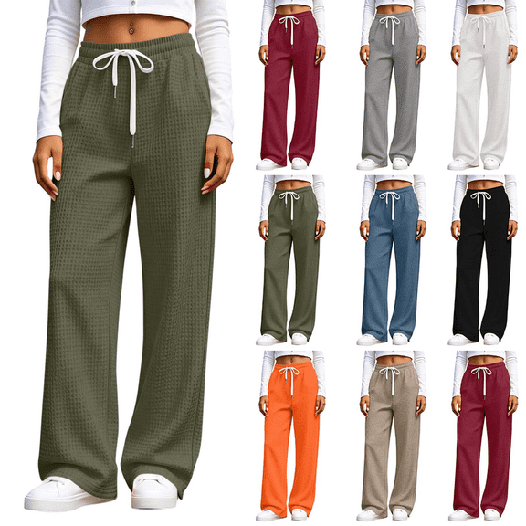 Liuinsasek Women's Waffle Pattern Wide Leg Pants Fashion Casual Solid Color Drawstring Elastic Waist Comfy Loose Lounge Pants Winter style with Pockets