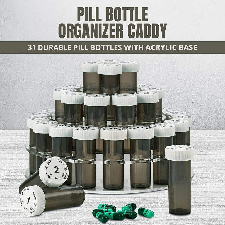 Medca Monthly Pill Bottle Organizer Caddy - 31 Numbered Full-Size Pill Bottles W Child-Proof Lids for Each Day of The Month- Clear Rack and Easy to
