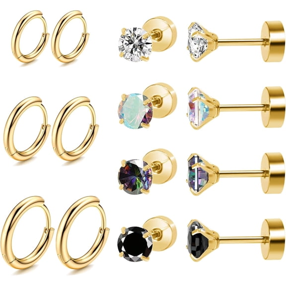 Titanium Earrings For Sensitive Ears, Flat Back Stud Earrings Hoop Earrings Set For Women, Hypoallergenic Surgical Stainless Steel Cubic Zirconia Earrings Stud Earrings Set For Cartilage Hel[Z3168]