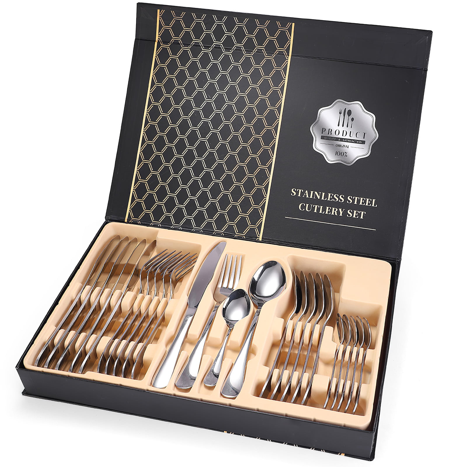 24 Piece Black Cutlery Set TeamFar Stainless Steel Flatware Silverware Set with 
