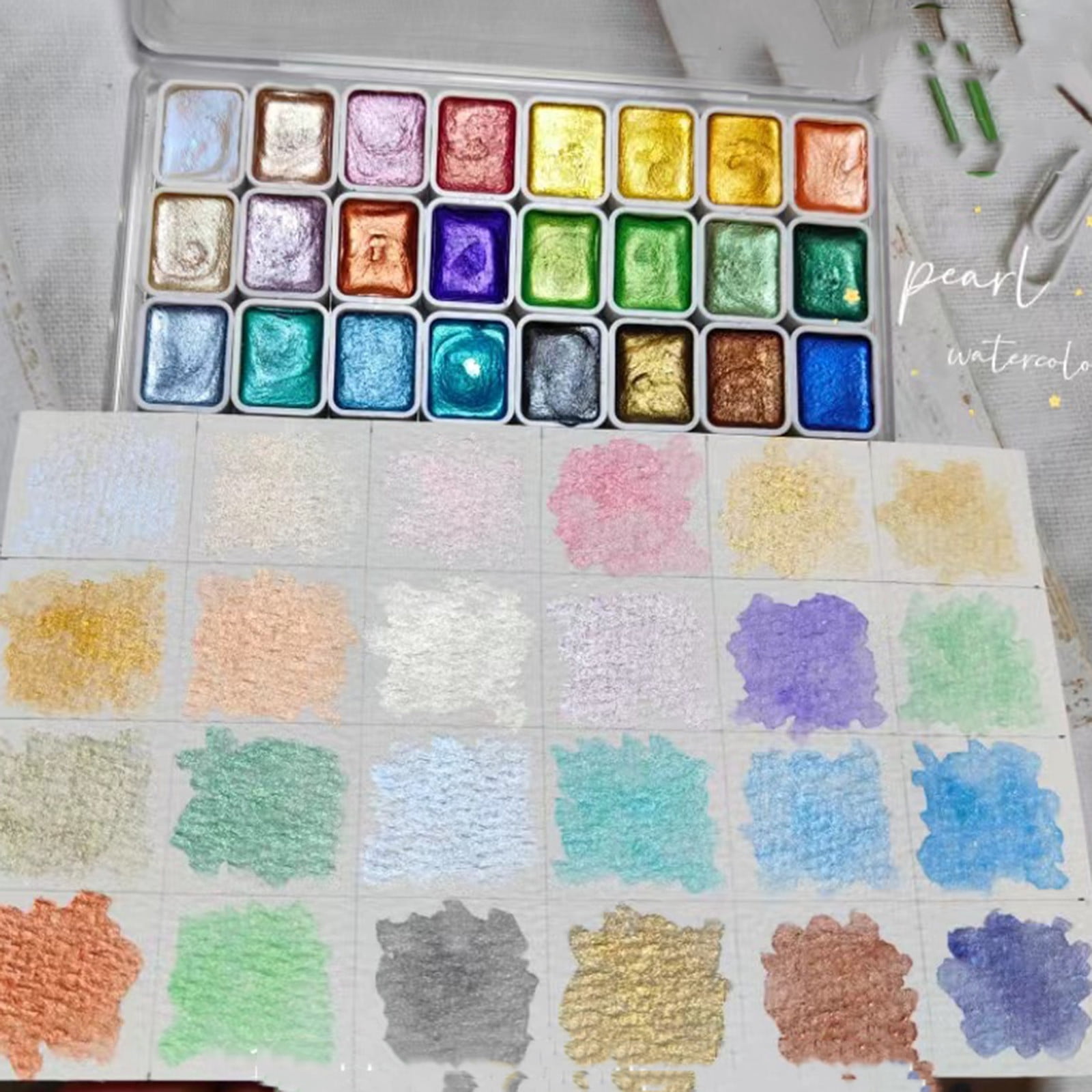 Fufafayo 4Pcs 24 Colors Pearl Watercolor Paint Set, Solid Watercolor Pigment for Artists Beginners, Metallic Shimmering Watercolor Painting Supplies, Art Craft Coloring Kit for Canvas Paper