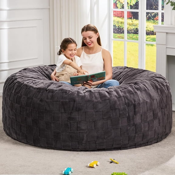 Giant Bean Bag Chairs 6FT Oversized BeanBag Chair for Adult Jumbo | Memory Foam,Washable Cover,Unique Fluffy Plaid,Bean Bag Bed with Filler Lounging Gaming Bedroom Living Room | Dark Grey 6FT