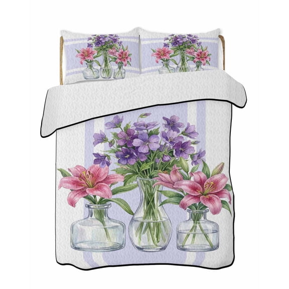 Quilts Twin Size Bedding Set, Purple Red Spring Floral Lightweight Quilted Comforter, Summer Botanical Watercolor Soft Reversible Bedspread Coverlet with Pillow Covers for All Season, 68" x 86"
